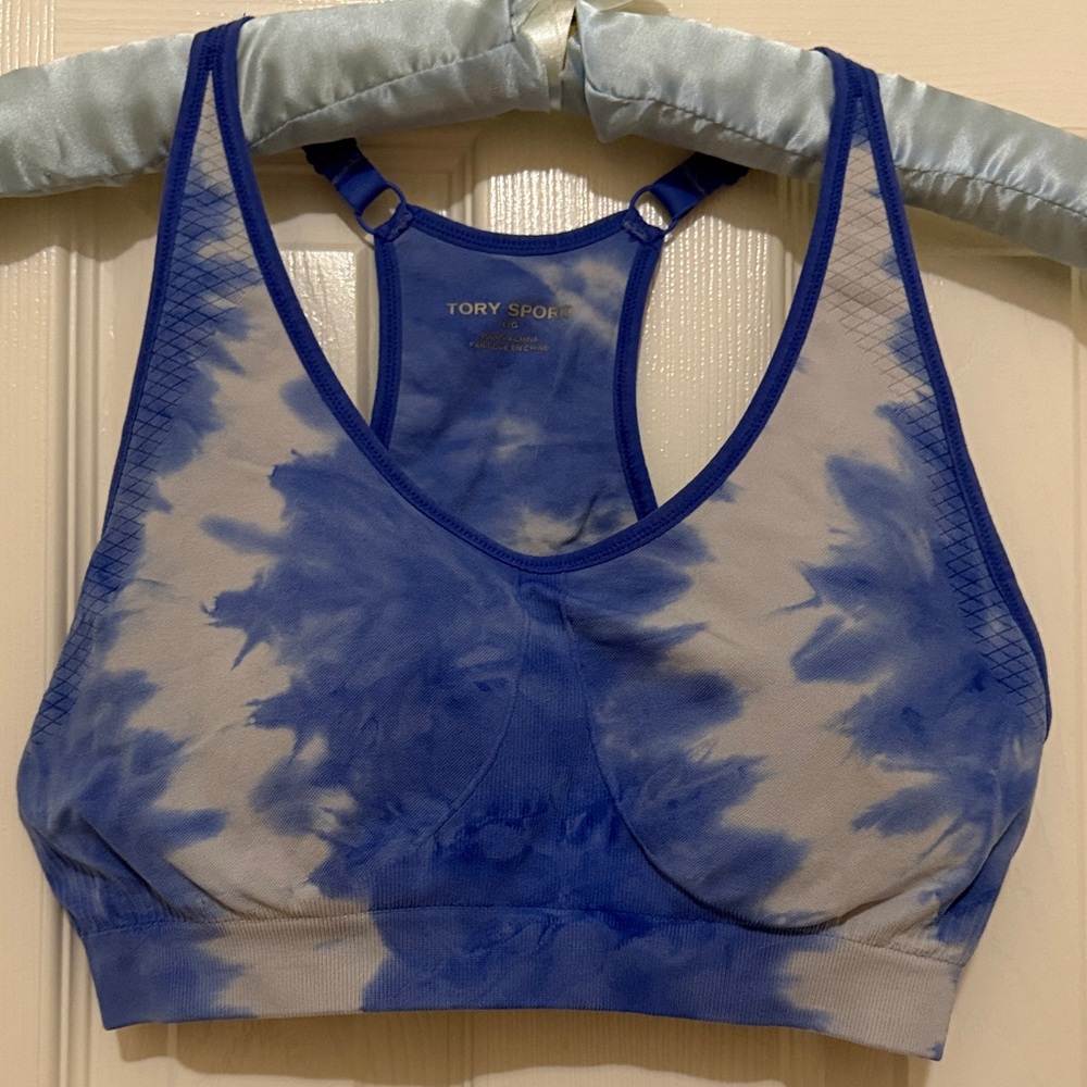 TORY BURCH Sport Blue and White Tie-Dye Sports Bra